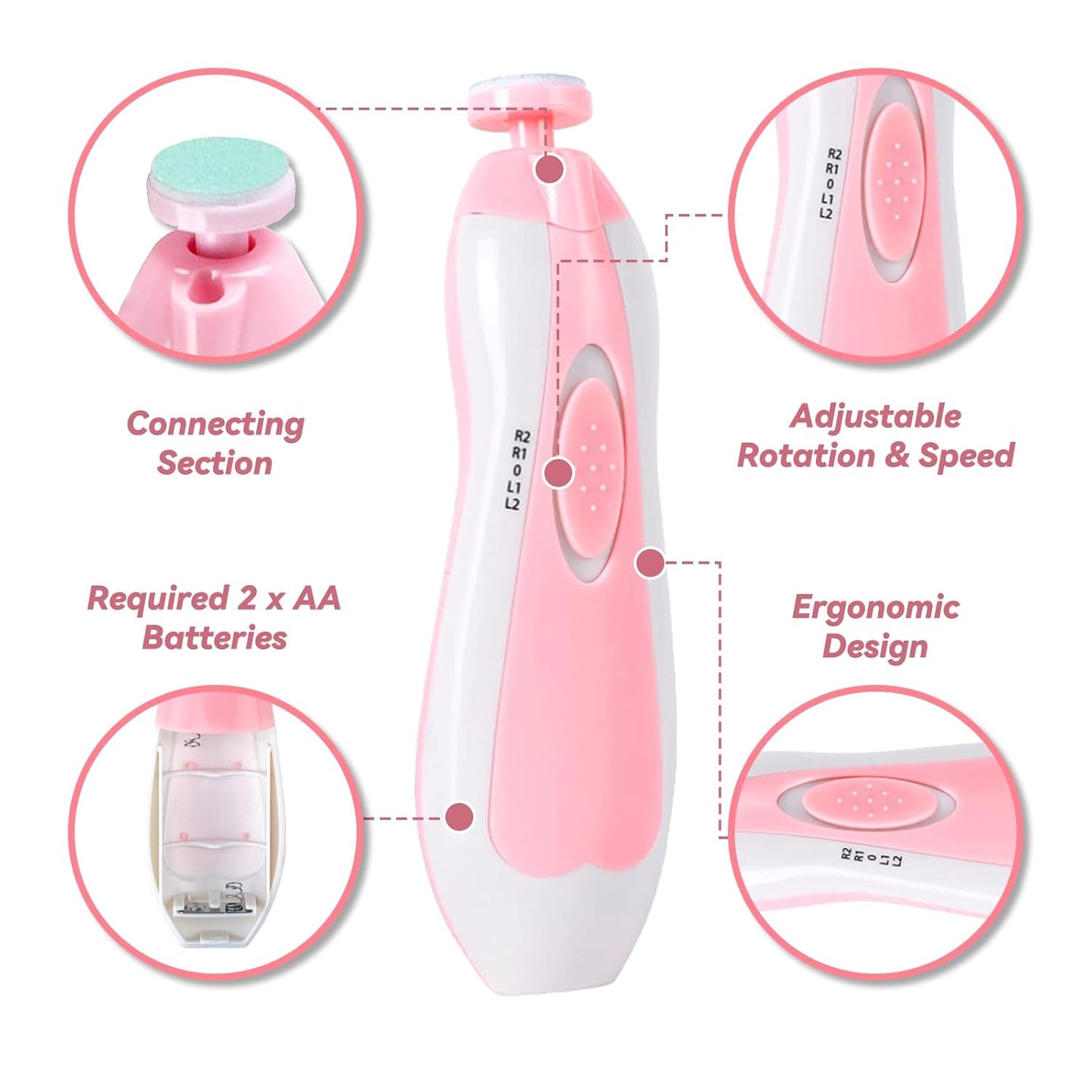 Baby SafeTrim™ Nail Trimmer – Gentle & Quiet with 6 Adjustable Heads – Battery Powered